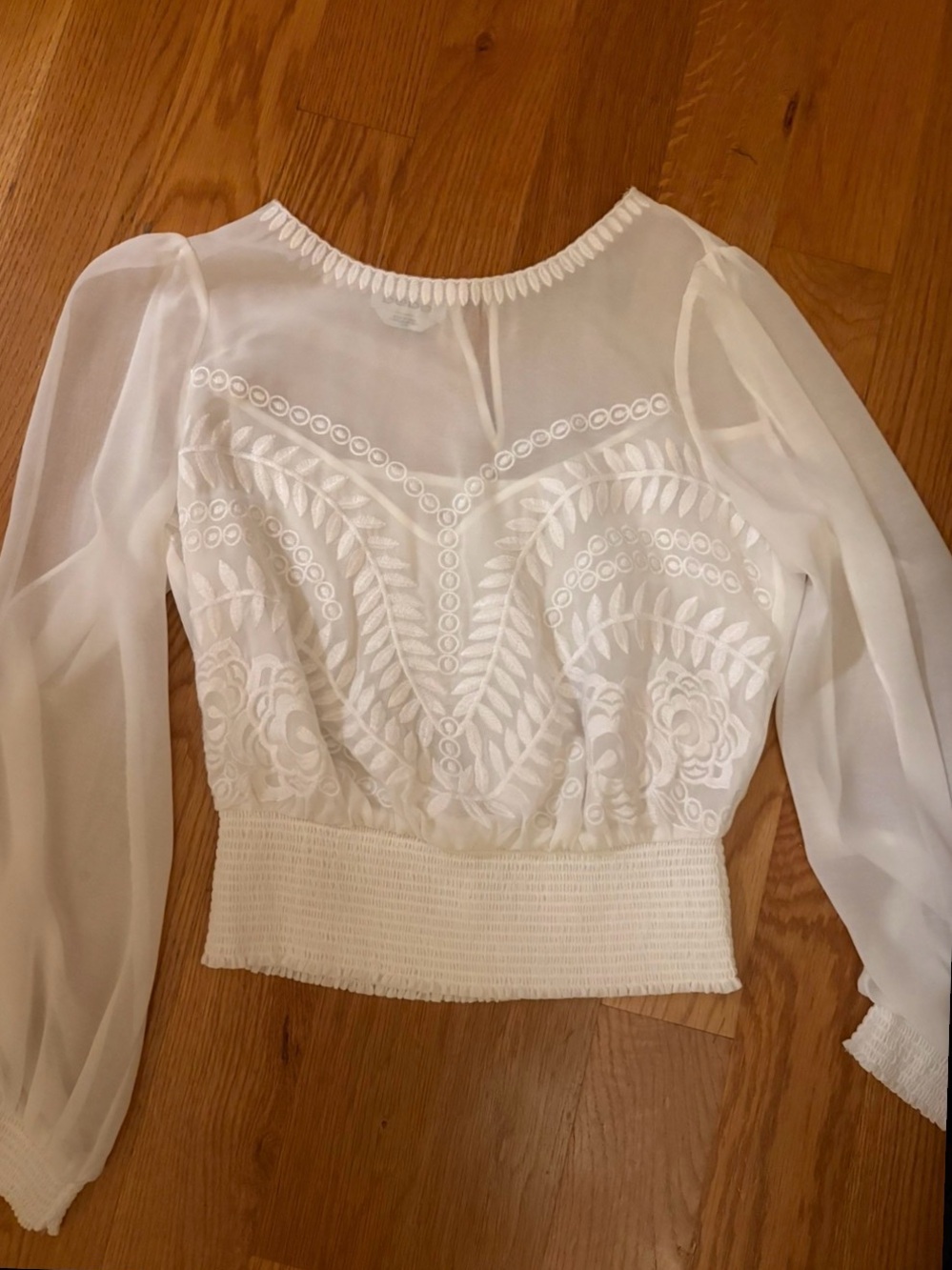 bebe White Sheer Embroidered Long-Sleeve Crop Top